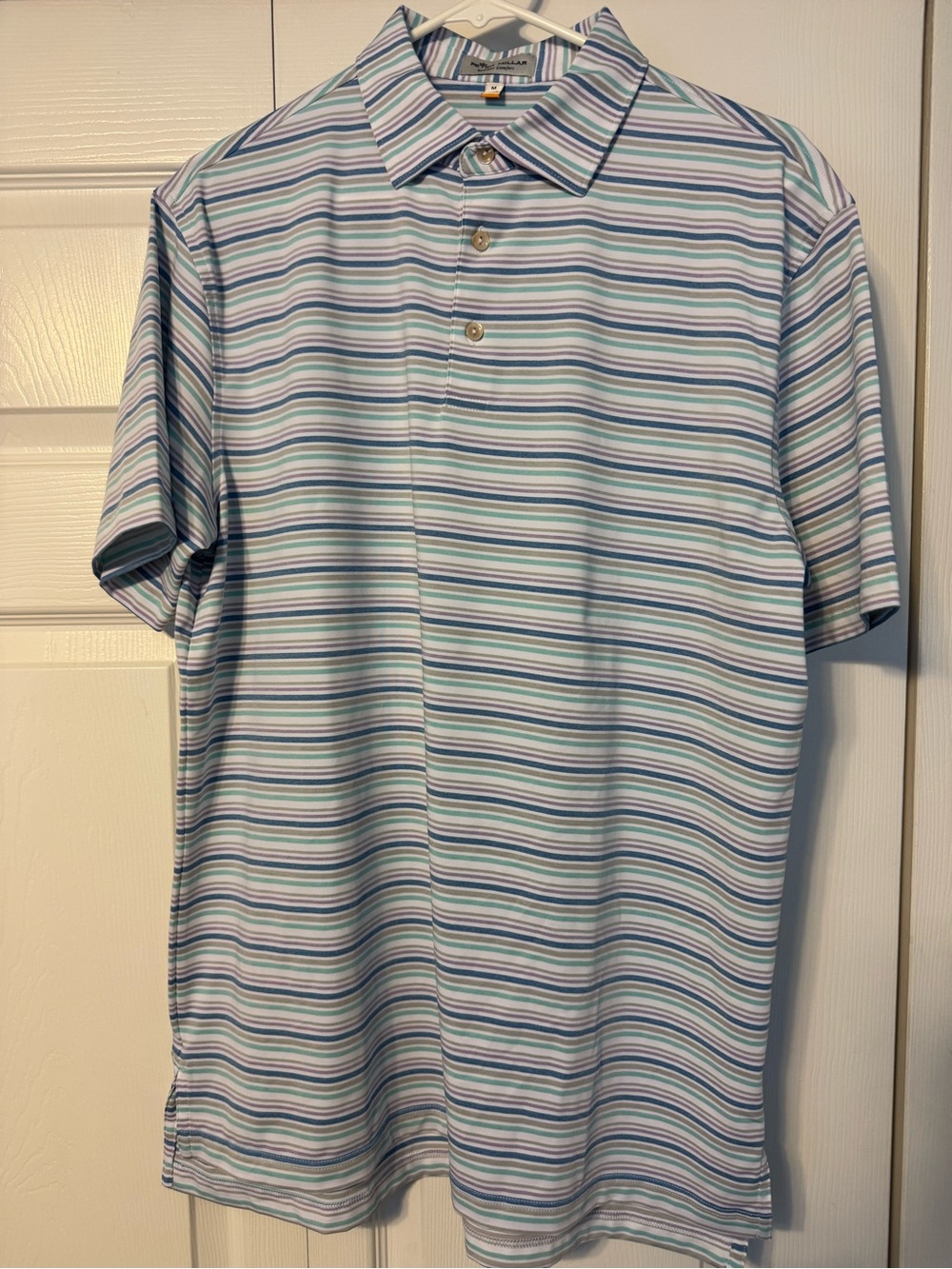 Peter Millar Men's Short-Sleeve Polo — Light Blue, White & Green Stripe